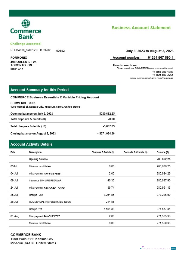Download Commerce Bank firm account statement Word and PDF template Photoshop template